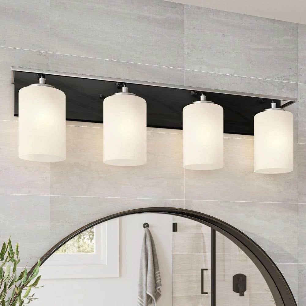 33 in. Prince St. 4-Light Matte Black Modern Bathroom Vanity Light with Etched Glass Shades by Designers Fountain 4 33 in. Prince St. 4-Light Matte Black Modern Bathroom Vanity Light with Etched Glass Shades by Designers Fountain - Image 2