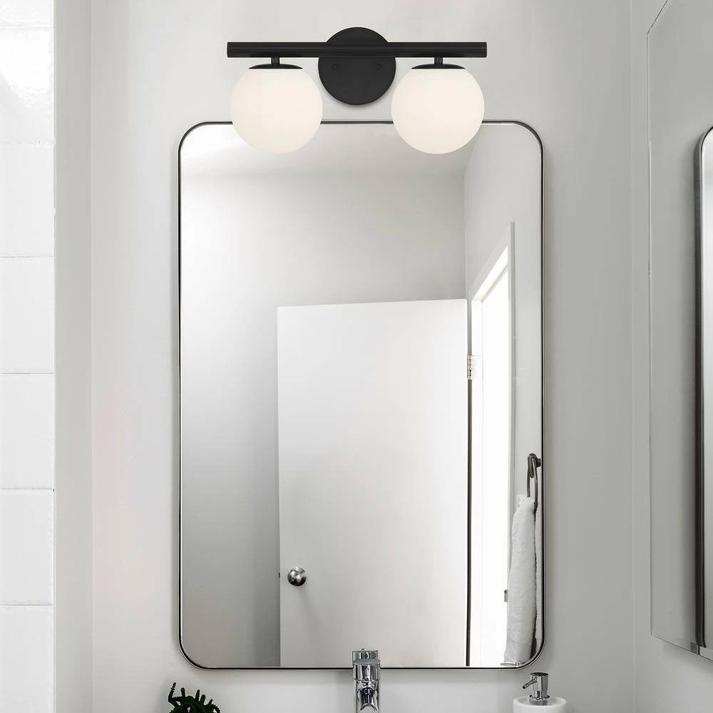 16.25 in. Crown Heights 2-Light Matte Black Contemporary Bathroom Vanity Light with Etched Opal Glass Shades by Designers Fountain 6 16.25 in. Crown Heights 2-Light Matte Black Contemporary Bathroom Vanity Light with Etched Opal Glass Shades by Designers Fountain - Image 4