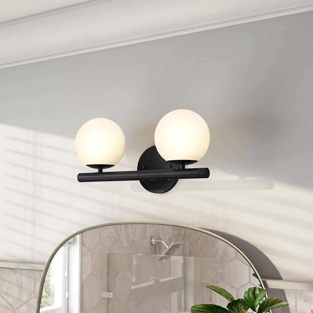 16.25 in. Crown Heights 2-Light Matte Black Contemporary Bathroom Vanity Light with Etched Opal Glass Shades by Designers Fountain 4 16.25 in. Crown Heights 2-Light Matte Black Contemporary Bathroom Vanity Light with Etched Opal Glass Shades by Designers Fountain - Image 2