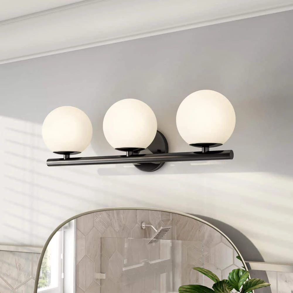 25 in. Crown Heights 3-Light Matte Black Contemporary Bathroom Vanity Light with Etched Glass Shades by Designers Fountain 4 25 in. Crown Heights 3-Light Matte Black Contemporary Bathroom Vanity Light with Etched Glass Shades by Designers Fountain - Image 2