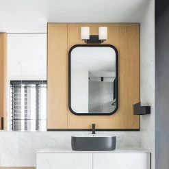 14.25 in. Leavenworth 2-Light Matte Black Modern Vanity Light with Etched Opal Ribbed Glass Shades by Designers Fountain -Designers Fountain Shop matte black designers fountain vanity lighting d257m 2b mb 1f 1000