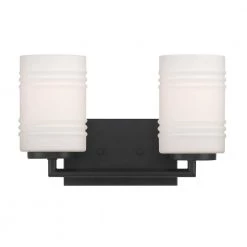 14.25 in. Leavenworth 2-Light Matte Black Modern Vanity Light with Etched Opal Ribbed Glass Shades by Designers Fountain -Designers Fountain Shop matte black designers fountain vanity lighting d257m 2b mb 4f 1000