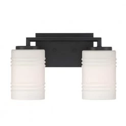 14.25 in. Leavenworth 2-Light Matte Black Modern Vanity Light with Etched Opal Ribbed Glass Shades by Designers Fountain