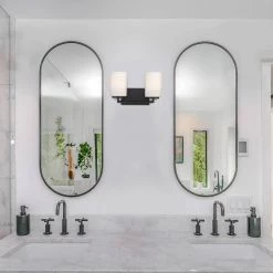 14.25 in. Leavenworth 2-Light Matte Black Modern Vanity Light with Etched Opal Ribbed Glass Shades by Designers Fountain -Designers Fountain Shop matte black designers fountain vanity lighting d257m 2b mb c3 1000