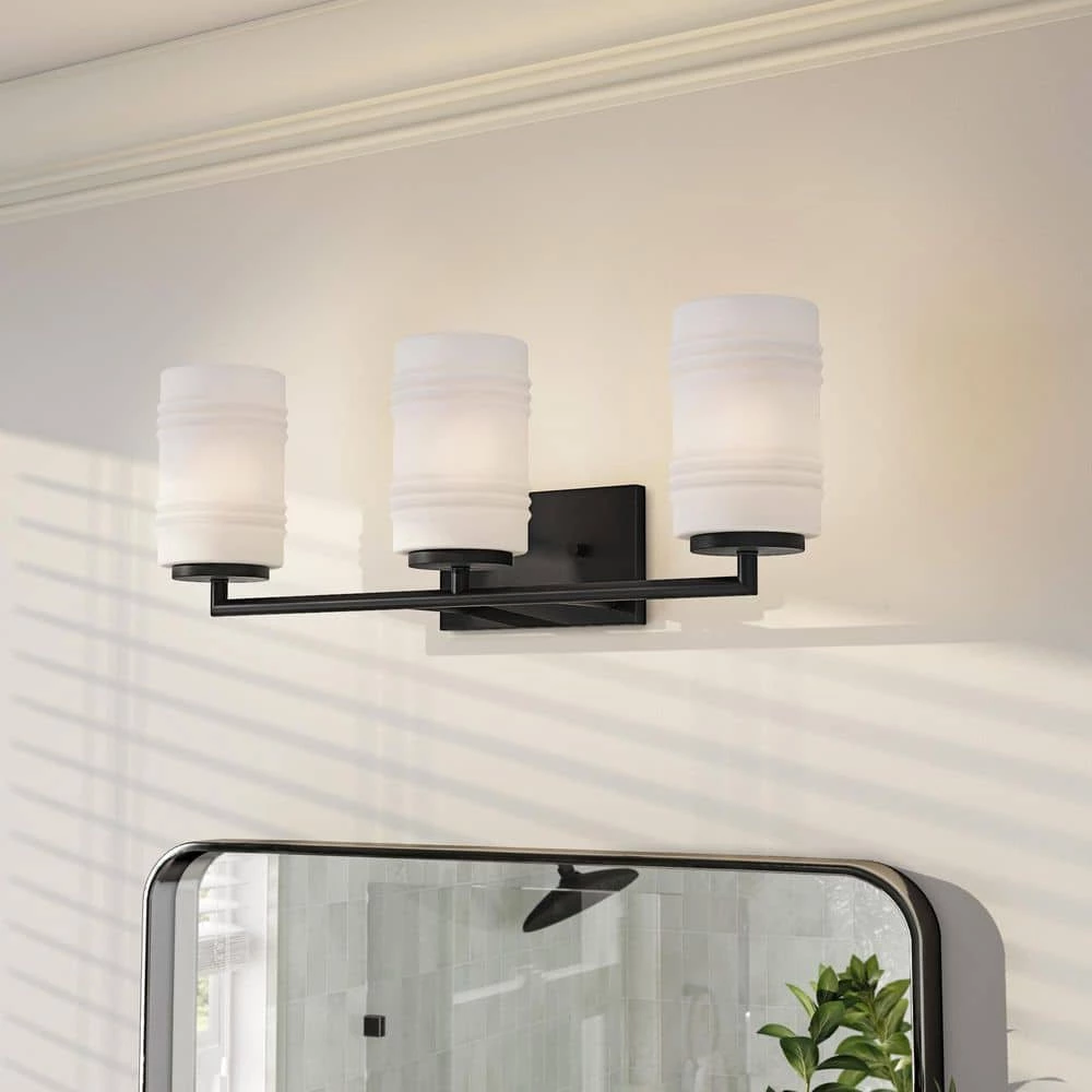 23.5 in. Leavenworth 3-Light Matte Black Modern Bathroom Vanity Light with Etched Opal Glass Shades by Designers Fountain 6 23.5 in. Leavenworth 3-Light Matte Black Modern Bathroom Vanity Light with Etched Opal Glass Shades by Designers Fountain - Image 4