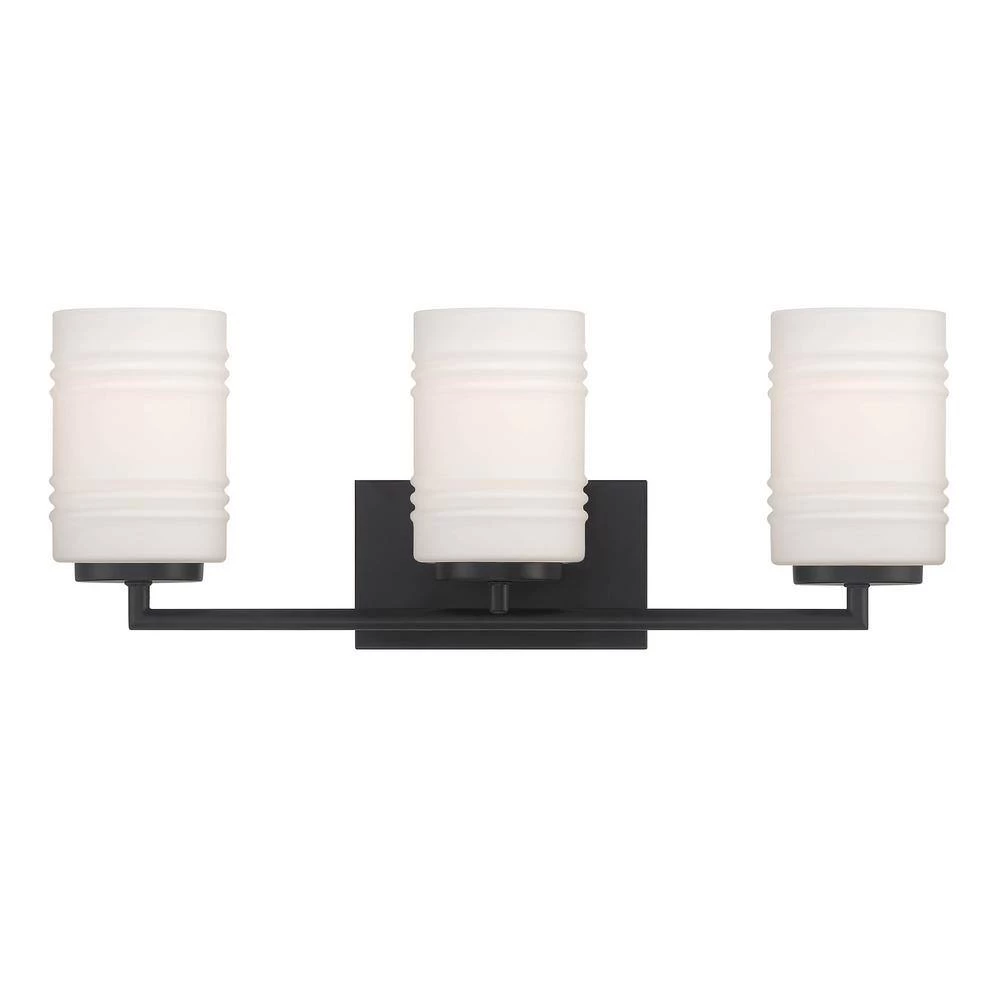 23.5 in. Leavenworth 3-Light Matte Black Modern Bathroom Vanity Light with Etched Opal Glass Shades by Designers Fountain 7 23.5 in. Leavenworth 3-Light Matte Black Modern Bathroom Vanity Light with Etched Opal Glass Shades by Designers Fountain - Image 5