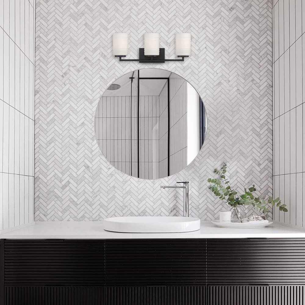 23.5 in. Leavenworth 3-Light Matte Black Modern Bathroom Vanity Light with Etched Opal Glass Shades by Designers Fountain 4 23.5 in. Leavenworth 3-Light Matte Black Modern Bathroom Vanity Light with Etched Opal Glass Shades by Designers Fountain - Image 2