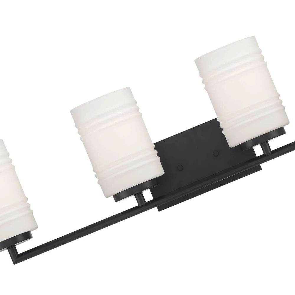 33 in. Leavenworth 4-Light Matte Black Modern Bathroom Vanity Light with Etched Glass Shades by Designers Fountain 7 33 in. Leavenworth 4-Light Matte Black Modern Bathroom Vanity Light with Etched Glass Shades by Designers Fountain - Image 5