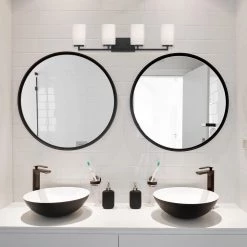 33 in. Leavenworth 4-Light Matte Black Modern Bathroom Vanity Light with Etched Glass Shades by Designers Fountain 12 33 in. Leavenworth 4-Light Matte Black Modern Bathroom Vanity Light with Etched Glass Shades by Designers Fountain -Designers Fountain Shop matte black designers fountain vanity lighting d257m 4b mb 4f 1000