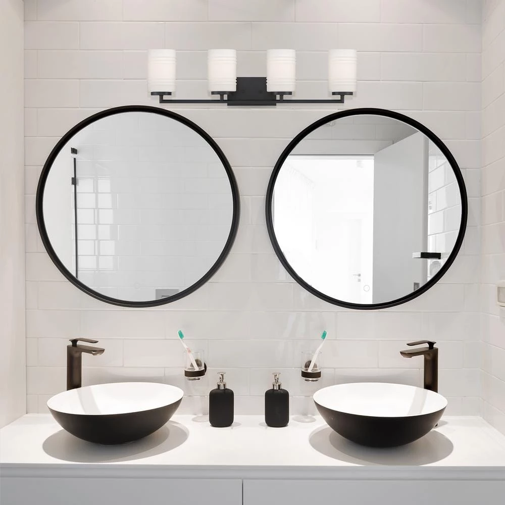 33 in. Leavenworth 4-Light Matte Black Modern Bathroom Vanity Light with Etched Glass Shades by Designers Fountain 6 33 in. Leavenworth 4-Light Matte Black Modern Bathroom Vanity Light with Etched Glass Shades by Designers Fountain - Image 4