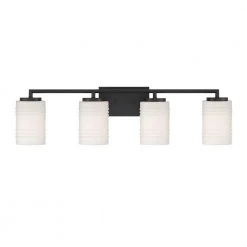 33 in. Leavenworth 4-Light Matte Black Modern Bathroom Vanity Light with Etched Glass Shades by Designers Fountain