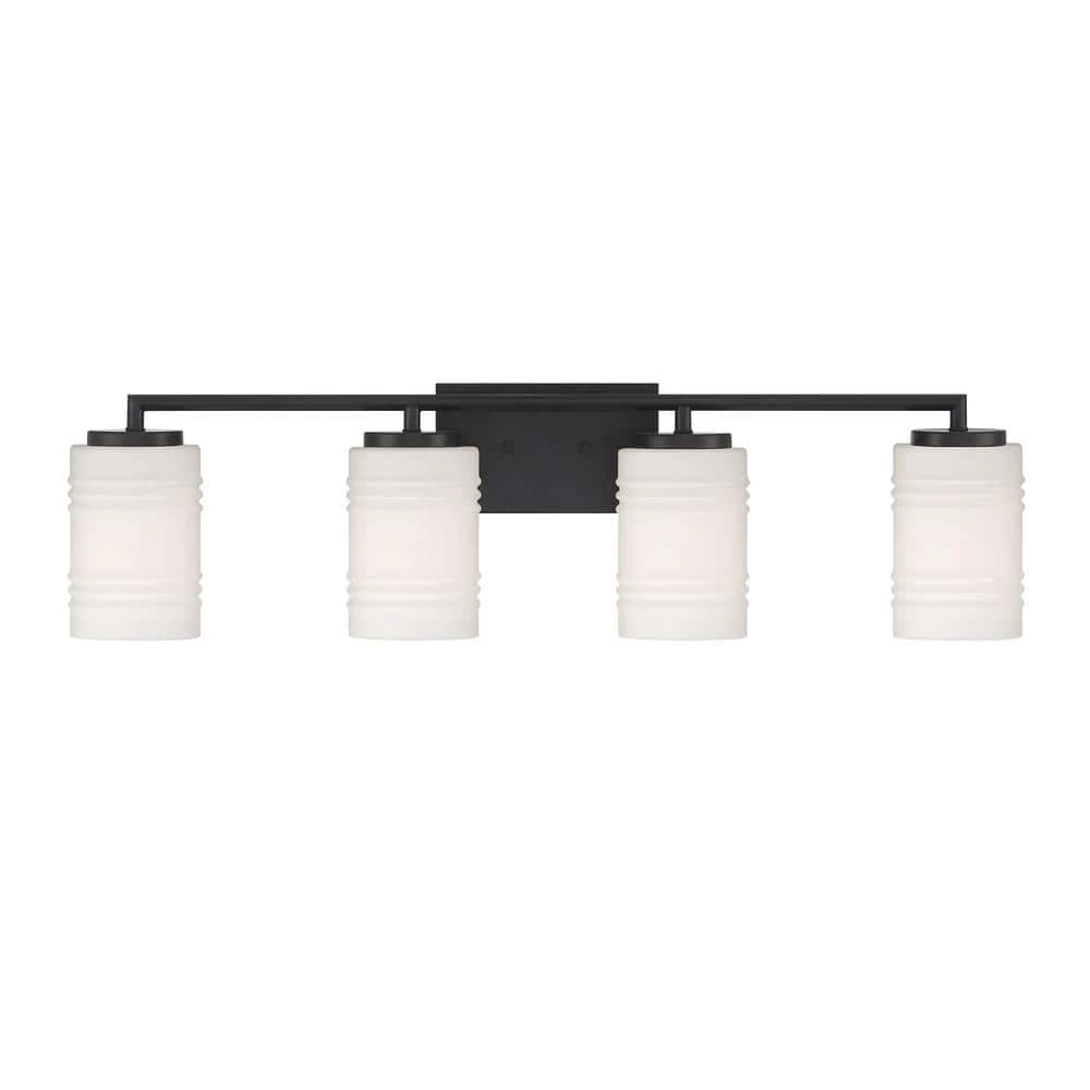 33 in. Leavenworth 4-Light Matte Black Modern Bathroom Vanity Light with Etched Glass Shades by Designers Fountain 3 33 in. Leavenworth 4-Light Matte Black Modern Bathroom Vanity Light with Etched Glass Shades by Designers Fountain