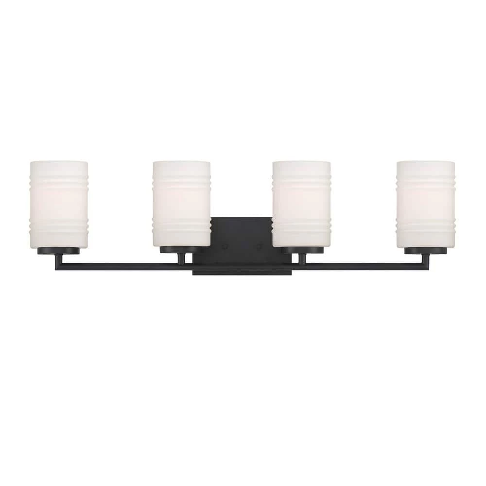 33 in. Leavenworth 4-Light Matte Black Modern Bathroom Vanity Light with Etched Glass Shades by Designers Fountain 5 33 in. Leavenworth 4-Light Matte Black Modern Bathroom Vanity Light with Etched Glass Shades by Designers Fountain - Image 3