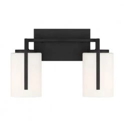 13.5 in. Cambria 2-Light Matte Black Modern Bathroom Vanity Light with Etched Opal Glass Shades by Designers Fountain
