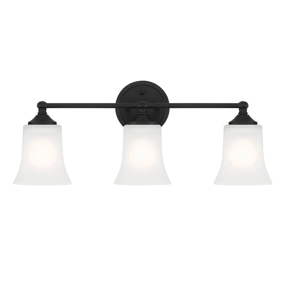 23 in. Bronson 3-Light Matte Black Transitional Bathroom Vanity Light with Etched Glass Shades by Designers Fountain 8 23 in. Bronson 3-Light Matte Black Transitional Bathroom Vanity Light with Etched Glass Shades by Designers Fountain - Image 6