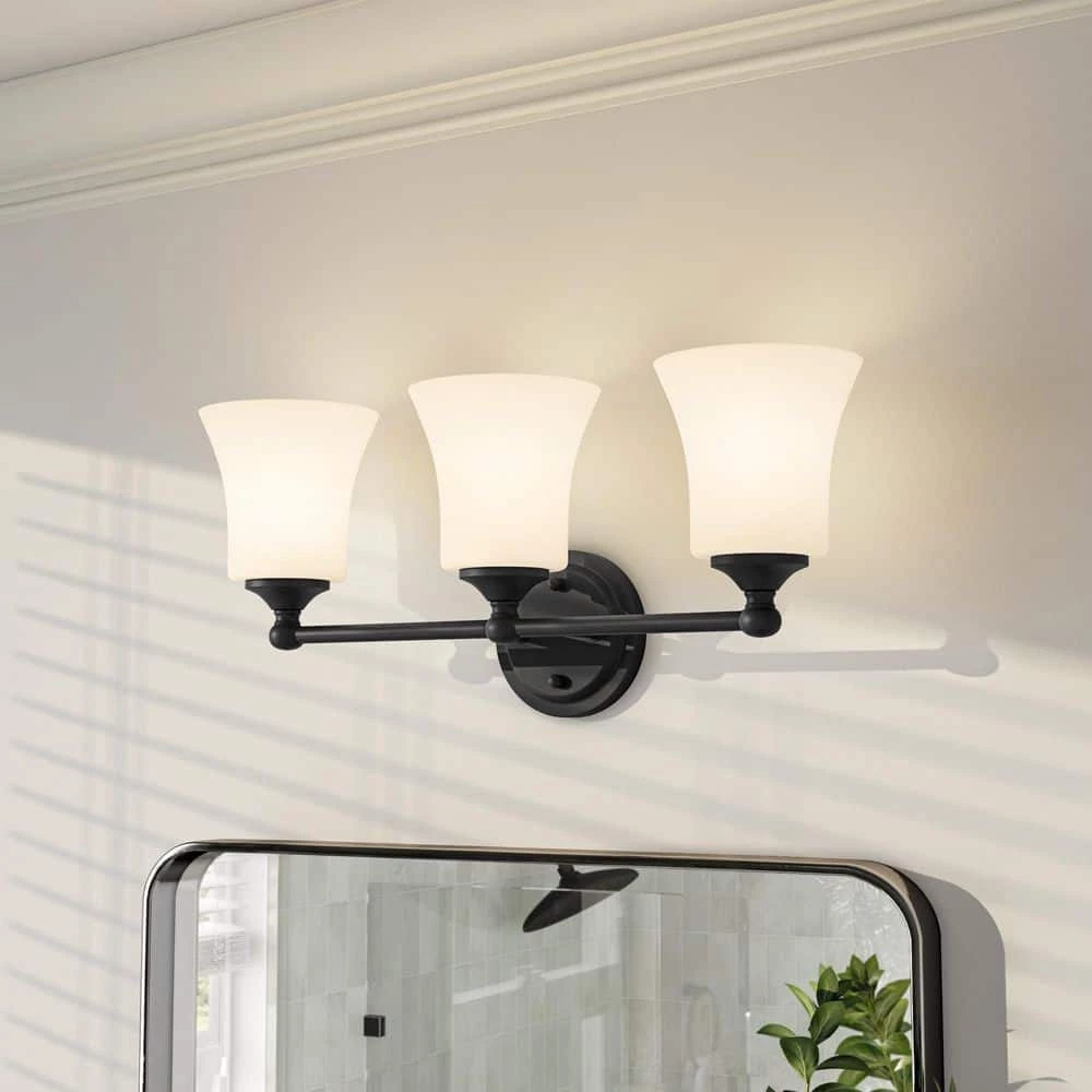 23 in. Bronson 3-Light Matte Black Transitional Bathroom Vanity Light with Etched Glass Shades by Designers Fountain 5 23 in. Bronson 3-Light Matte Black Transitional Bathroom Vanity Light with Etched Glass Shades by Designers Fountain - Image 3