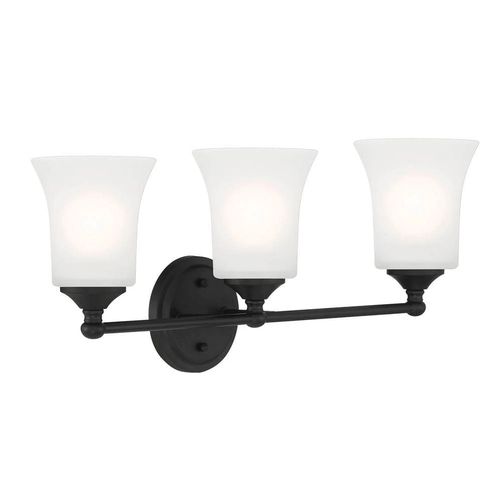 23 in. Bronson 3-Light Matte Black Transitional Bathroom Vanity Light with Etched Glass Shades by Designers Fountain 3 23 in. Bronson 3-Light Matte Black Transitional Bathroom Vanity Light with Etched Glass Shades by Designers Fountain