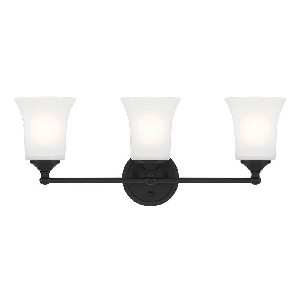 23 in. Bronson 3-Light Matte Black Transitional Bathroom Vanity Light with Etched Glass Shades by Designers Fountain 6 23 in. Bronson 3-Light Matte Black Transitional Bathroom Vanity Light with Etched Glass Shades by Designers Fountain - Image 4