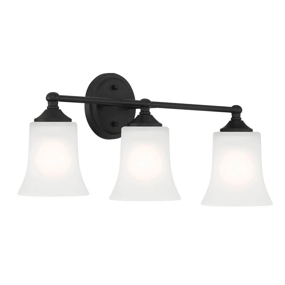 23 in. Bronson 3-Light Matte Black Transitional Bathroom Vanity Light with Etched Glass Shades by Designers Fountain 10 23 in. Bronson 3-Light Matte Black Transitional Bathroom Vanity Light with Etched Glass Shades by Designers Fountain - Image 8