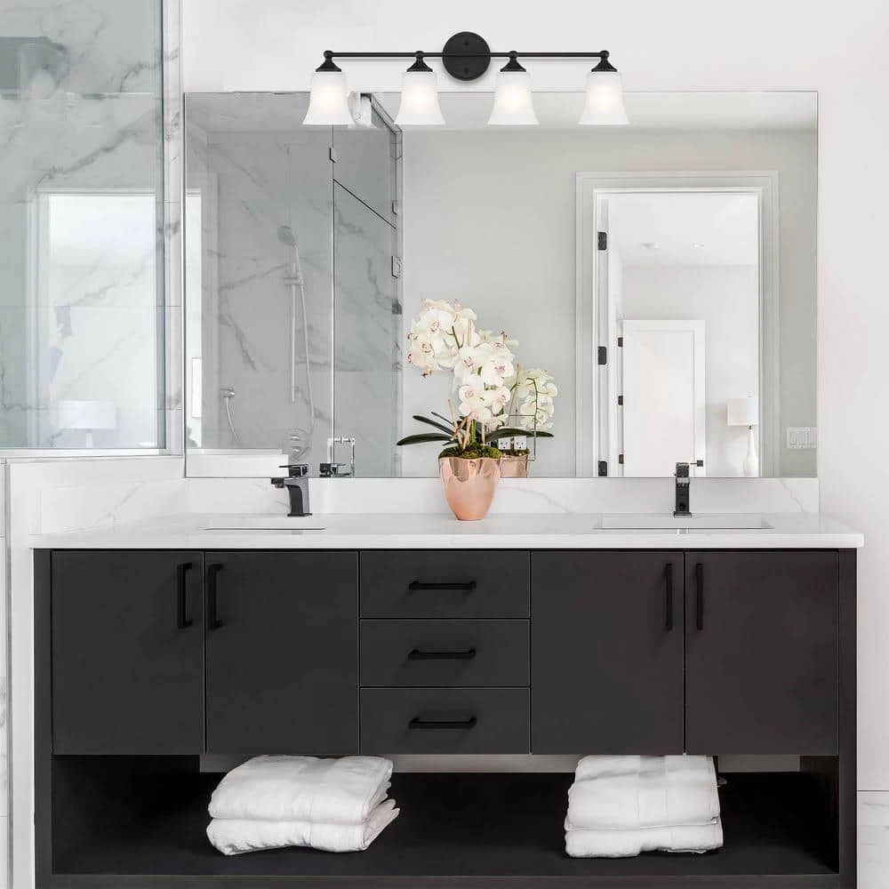 31.75 in. Bronson 4-Light Matte Black Transitional Bathroom Vanity Light with Etched Glass Shades by Designers Fountain 6 31.75 in. Bronson 4-Light Matte Black Transitional Bathroom Vanity Light with Etched Glass Shades by Designers Fountain - Image 4