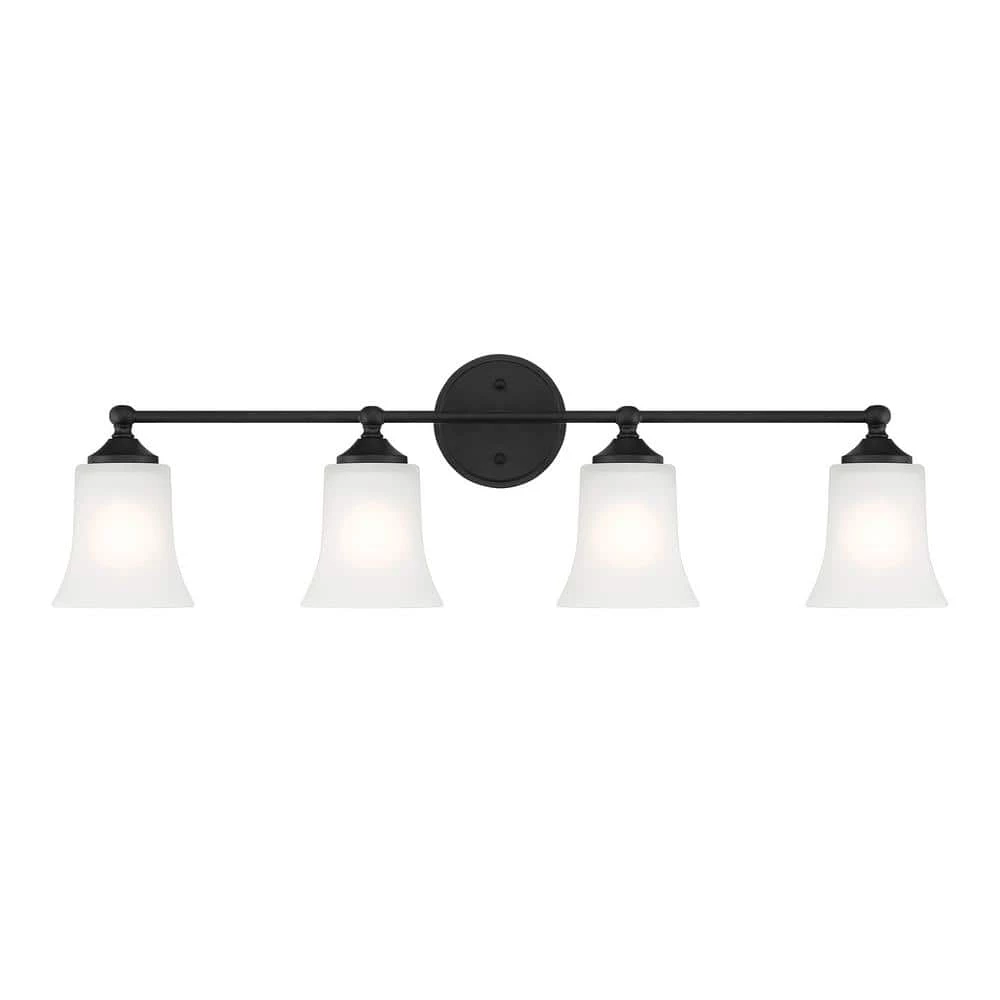 31.75 in. Bronson 4-Light Matte Black Transitional Bathroom Vanity Light with Etched Glass Shades by Designers Fountain 3 31.75 in. Bronson 4-Light Matte Black Transitional Bathroom Vanity Light with Etched Glass Shades by Designers Fountain