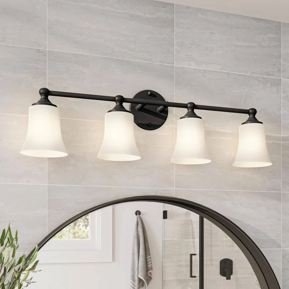 31.75 in. Bronson 4-Light Matte Black Transitional Bathroom Vanity Light with Etched Glass Shades by Designers Fountain 4 31.75 in. Bronson 4-Light Matte Black Transitional Bathroom Vanity Light with Etched Glass Shades by Designers Fountain - Image 2