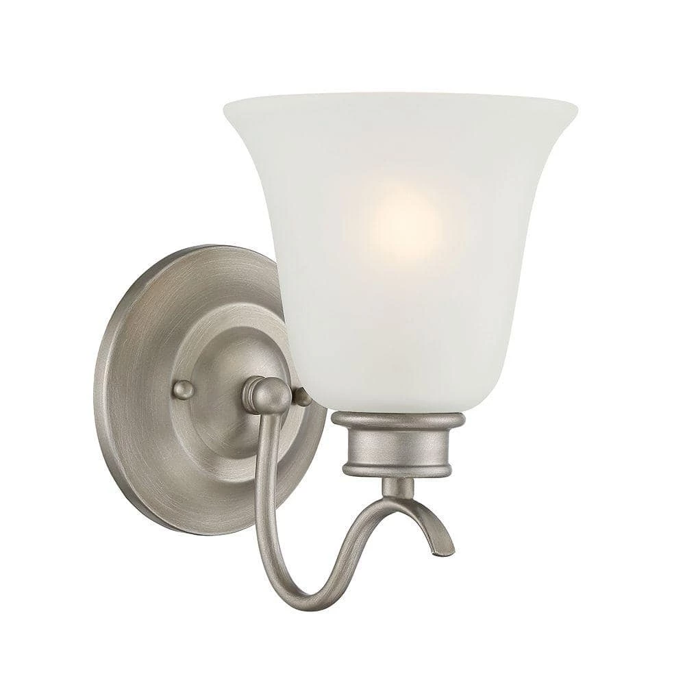 5.25 in. Montego 1-Light Matte Pewter Transitional Bathroom Wall Sconce with Frosted Glass Shade by Designers Fountain 3 5.25 in. Montego 1-Light Matte Pewter Transitional Bathroom Wall Sconce with Frosted Glass Shade by Designers Fountain