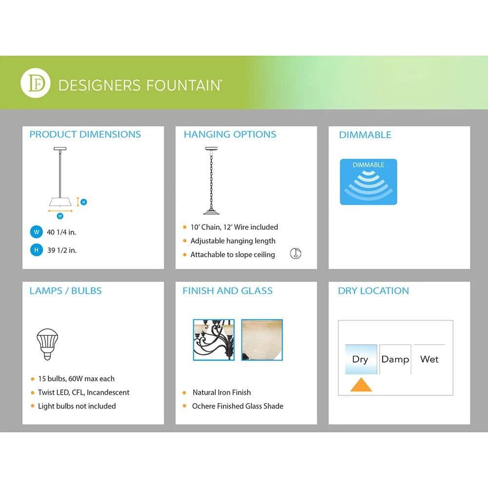 Barcelona 15-Light Hanging Natural Iron Chandelier by Designers Fountain 5 Barcelona 15-Light Hanging Natural Iron Chandelier by Designers Fountain - Image 3