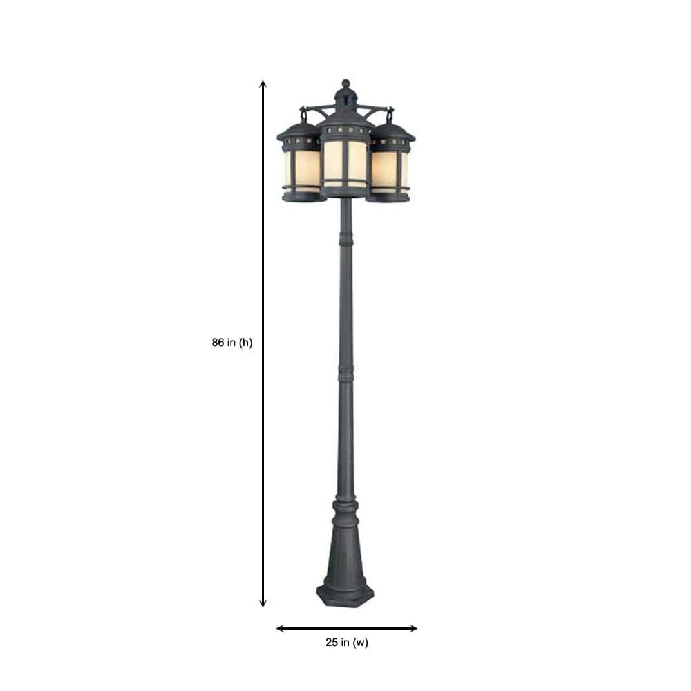 Sedona 86 in. Oil Rubbed Bronze 3-Head, 9-Light Outdoor Post Lamp with Amber Glass Shade by Designers Fountain 5 Sedona 86 in. Oil Rubbed Bronze 3-Head, 9-Light Outdoor Post Lamp with Amber Glass Shade by Designers Fountain - Image 3