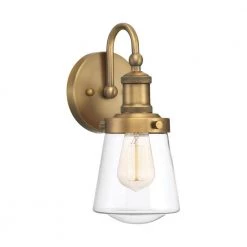 5.25 in. Taylor 1-Light Old Satin Brass Industrial Wall Mount Sconce Light with Clear Glass Shade by Designers Fountain