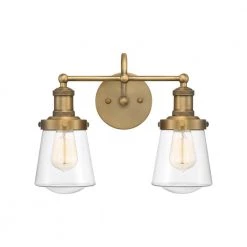 15.25 in. Taylor 2-Light Old Satin Brass Industrial Bathroom Vanity Light with Clear Glass Shades by Designers Fountain