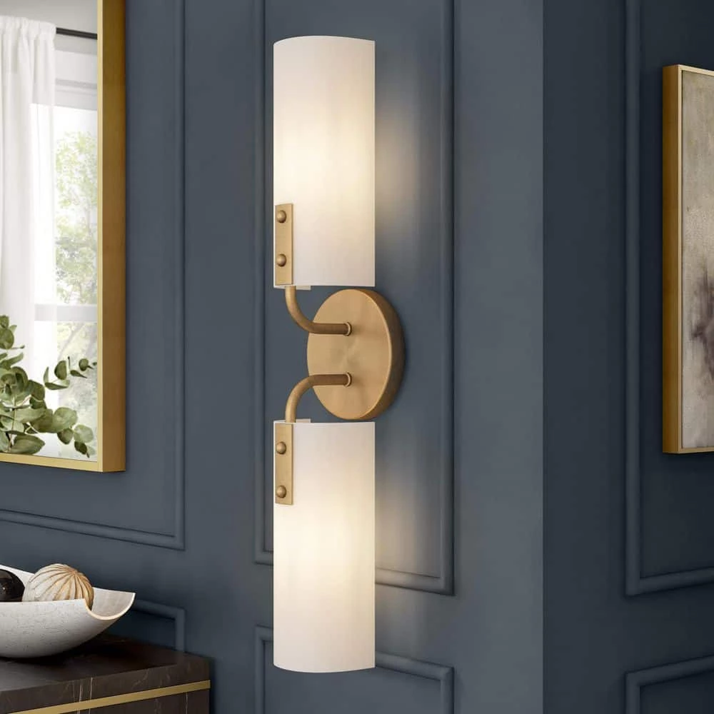 Manhasset 23.5 in. 2-Light Old Satin Brass Wall Sconce with Etched White Glass Shade by Designers Fountain 4 Manhasset 23.5 in. 2-Light Old Satin Brass Wall Sconce with Etched White Glass Shade by Designers Fountain - Image 2