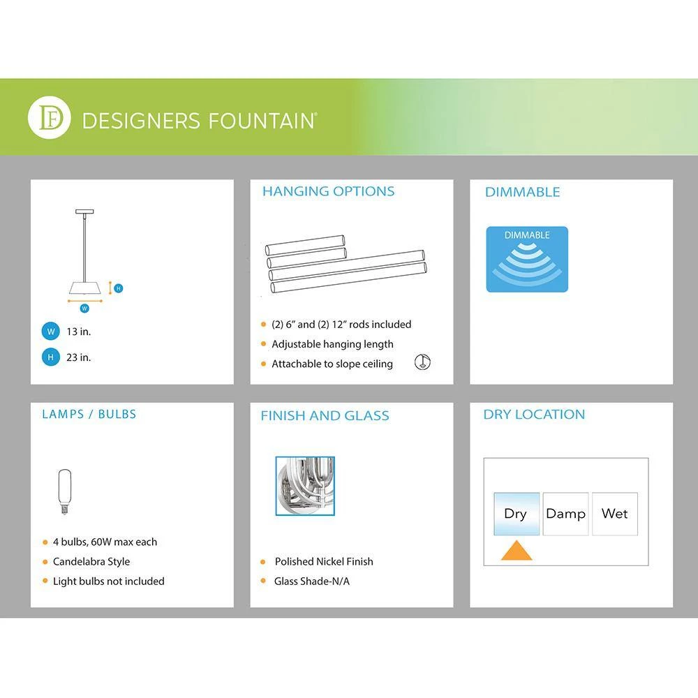 Kenzo 4-Light Polished Nickel Pendant by Designers Fountain 8 Kenzo 4-Light Polished Nickel Pendant by Designers Fountain - Image 6