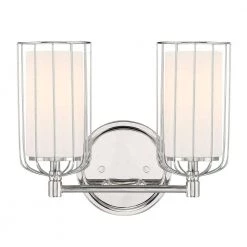 15 in. Avery 2-Light Polished Nickel Industrial Bathroom Vanity Light with Etched Opal Glass Shades by Designers Fountain