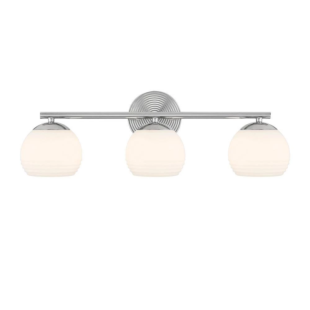 24.75 in. Moon Breeze 3-Light Polished Nickel Retro Modern Bathroom Vanity Light with Etched Opal Glass Shades by Designers Fountain 8 24.75 in. Moon Breeze 3-Light Polished Nickel Retro Modern Bathroom Vanity Light with Etched Opal Glass Shades by Designers Fountain - Image 6
