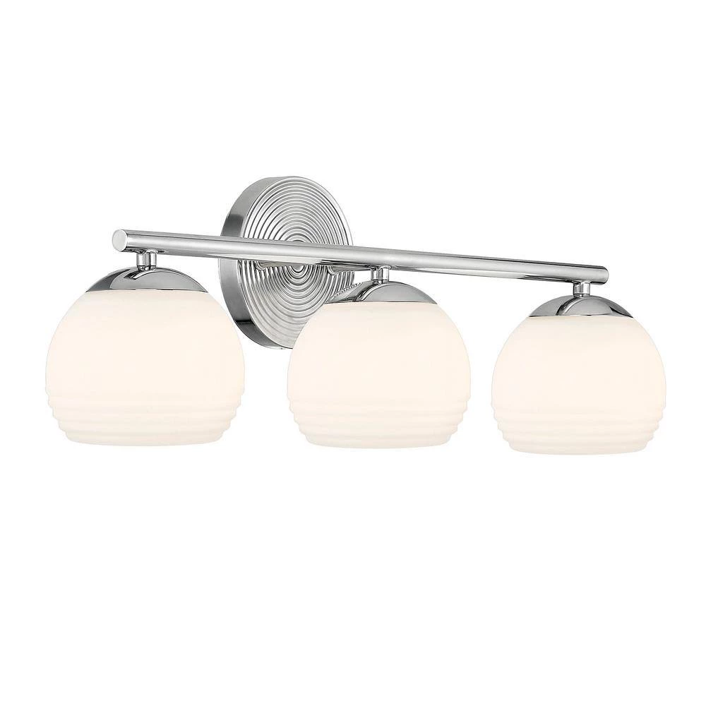 24.75 in. Moon Breeze 3-Light Polished Nickel Retro Modern Bathroom Vanity Light with Etched Opal Glass Shades by Designers Fountain 9 24.75 in. Moon Breeze 3-Light Polished Nickel Retro Modern Bathroom Vanity Light with Etched Opal Glass Shades by Designers Fountain - Image 7