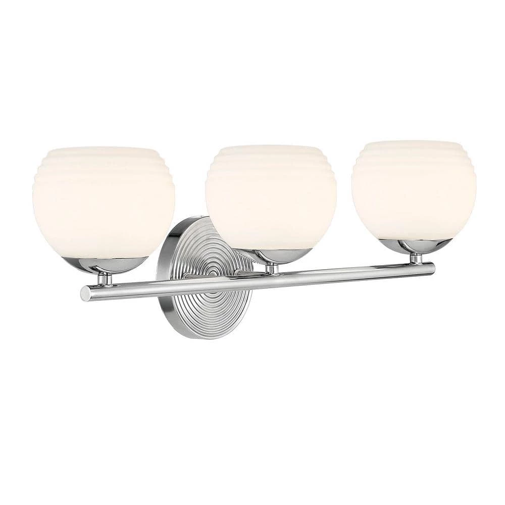 24.75 in. Moon Breeze 3-Light Polished Nickel Retro Modern Bathroom Vanity Light with Etched Opal Glass Shades by Designers Fountain 3 24.75 in. Moon Breeze 3-Light Polished Nickel Retro Modern Bathroom Vanity Light with Etched Opal Glass Shades by Designers Fountain
