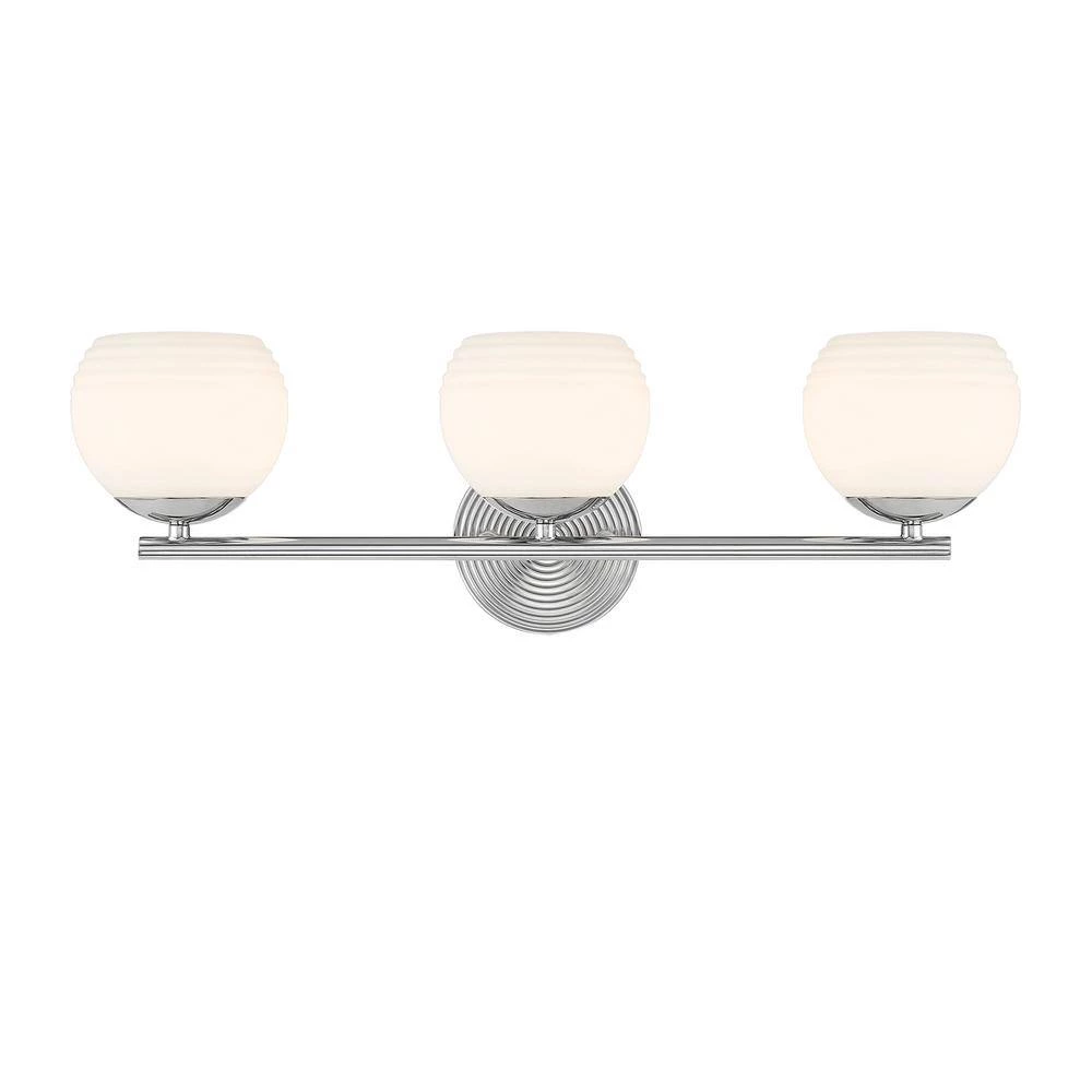 24.75 in. Moon Breeze 3-Light Polished Nickel Retro Modern Bathroom Vanity Light with Etched Opal Glass Shades by Designers Fountain 6 24.75 in. Moon Breeze 3-Light Polished Nickel Retro Modern Bathroom Vanity Light with Etched Opal Glass Shades by Designers Fountain - Image 4