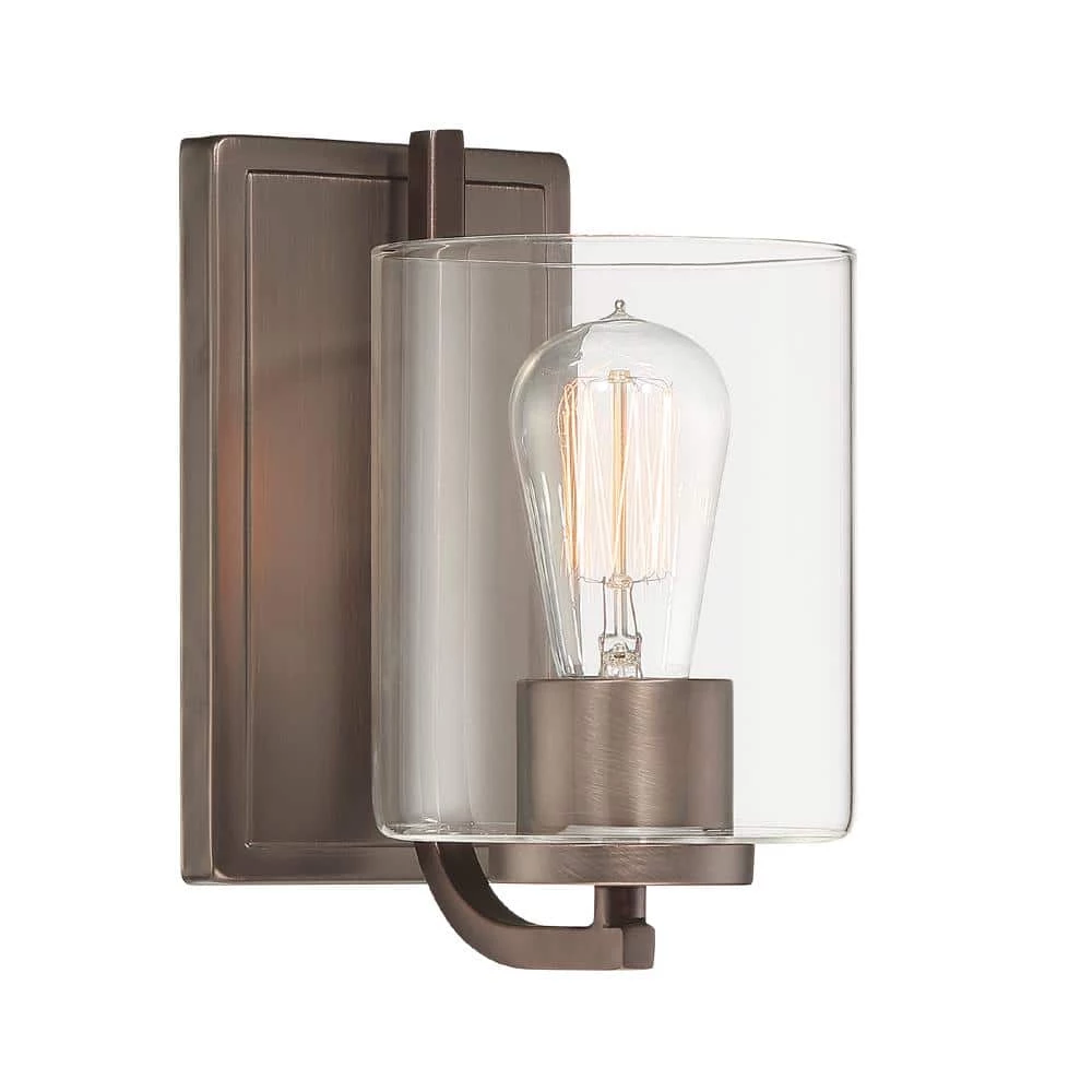 5 in. Liam 1-Light Satin Copper Bronze Transitional Wall Mount Sconce Light with Clear Glass Shade by Designers Fountain 3 5 in. Liam 1-Light Satin Copper Bronze Transitional Wall Mount Sconce Light with Clear Glass Shade by Designers Fountain