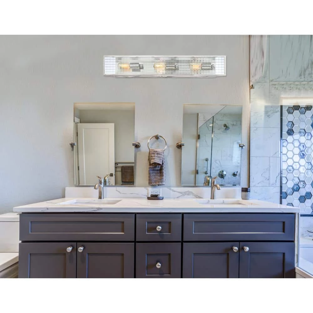 30.25 in. Pivot 3-Light Satin Platinum Contemporary Bathroom Vanity Light with Clear Lattice Glass Shade by Designers Fountain 8 30.25 in. Pivot 3-Light Satin Platinum Contemporary Bathroom Vanity Light with Clear Lattice Glass Shade by Designers Fountain - Image 6