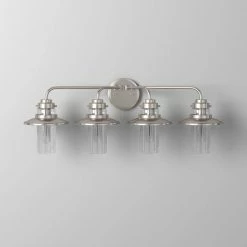 29.75 in. Dover 4-Light Satin Platinum Farmhouse Wall Mount Sconce Light with Clear Seedy Glass Shade by Designers Fountain -Designers Fountain Shop satin platinum designers fountain vanity lighting 91504 sp c3 1000