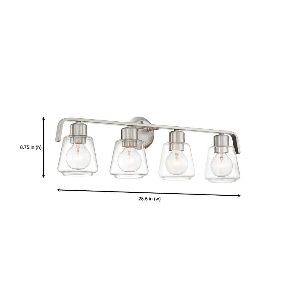 28.5 in. Riley 4-Light Satin Platinum Industrial Bathroom Vanity Light with Clear Glass Shades by Designers Fountain 7 28.5 in. Riley 4-Light Satin Platinum Industrial Bathroom Vanity Light with Clear Glass Shades by Designers Fountain - Image 5