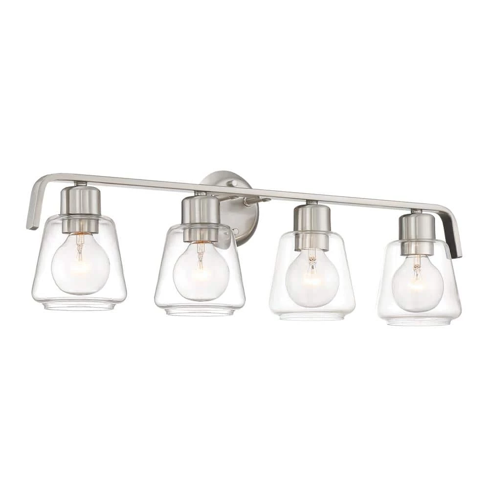 28.5 in. Riley 4-Light Satin Platinum Industrial Bathroom Vanity Light with Clear Glass Shades by Designers Fountain 3 28.5 in. Riley 4-Light Satin Platinum Industrial Bathroom Vanity Light with Clear Glass Shades by Designers Fountain