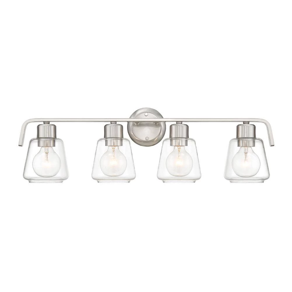 28.5 in. Riley 4-Light Satin Platinum Industrial Bathroom Vanity Light with Clear Glass Shades by Designers Fountain 4 28.5 in. Riley 4-Light Satin Platinum Industrial Bathroom Vanity Light with Clear Glass Shades by Designers Fountain - Image 2