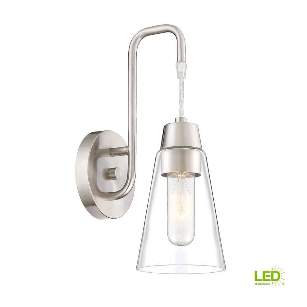 4.75 in. Echo 1-Light Satin Platinum Modern Wall Mount Sconce Light with Clear Glass Shade by Designers Fountain 3 4.75 in. Echo 1-Light Satin Platinum Modern Wall Mount Sconce Light with Clear Glass Shade by Designers Fountain