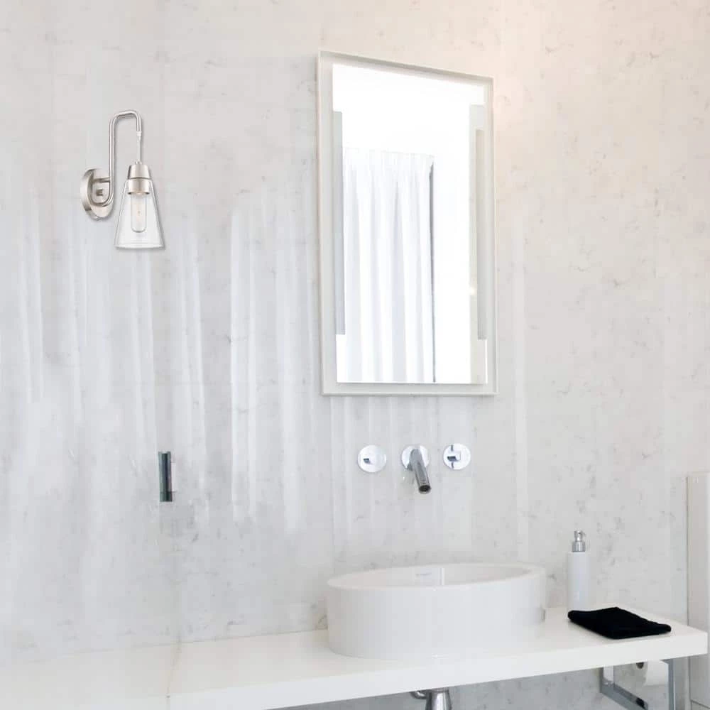 4.75 in. Echo 1-Light Satin Platinum Modern Wall Mount Sconce Light with Clear Glass Shade by Designers Fountain 4 4.75 in. Echo 1-Light Satin Platinum Modern Wall Mount Sconce Light with Clear Glass Shade by Designers Fountain - Image 2