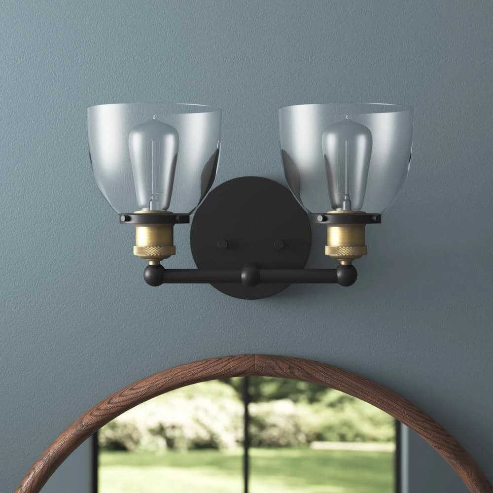 Bryson 14.88 in. 2-Light Vintage Bronze Mid-Century Modern Bathroom Vanity Light with Clear Glass Shades by Designers Fountain 12 Bryson 14.88 in. 2-Light Vintage Bronze Mid-Century Modern Bathroom Vanity Light with Clear Glass Shades by Designers Fountain - Image 10