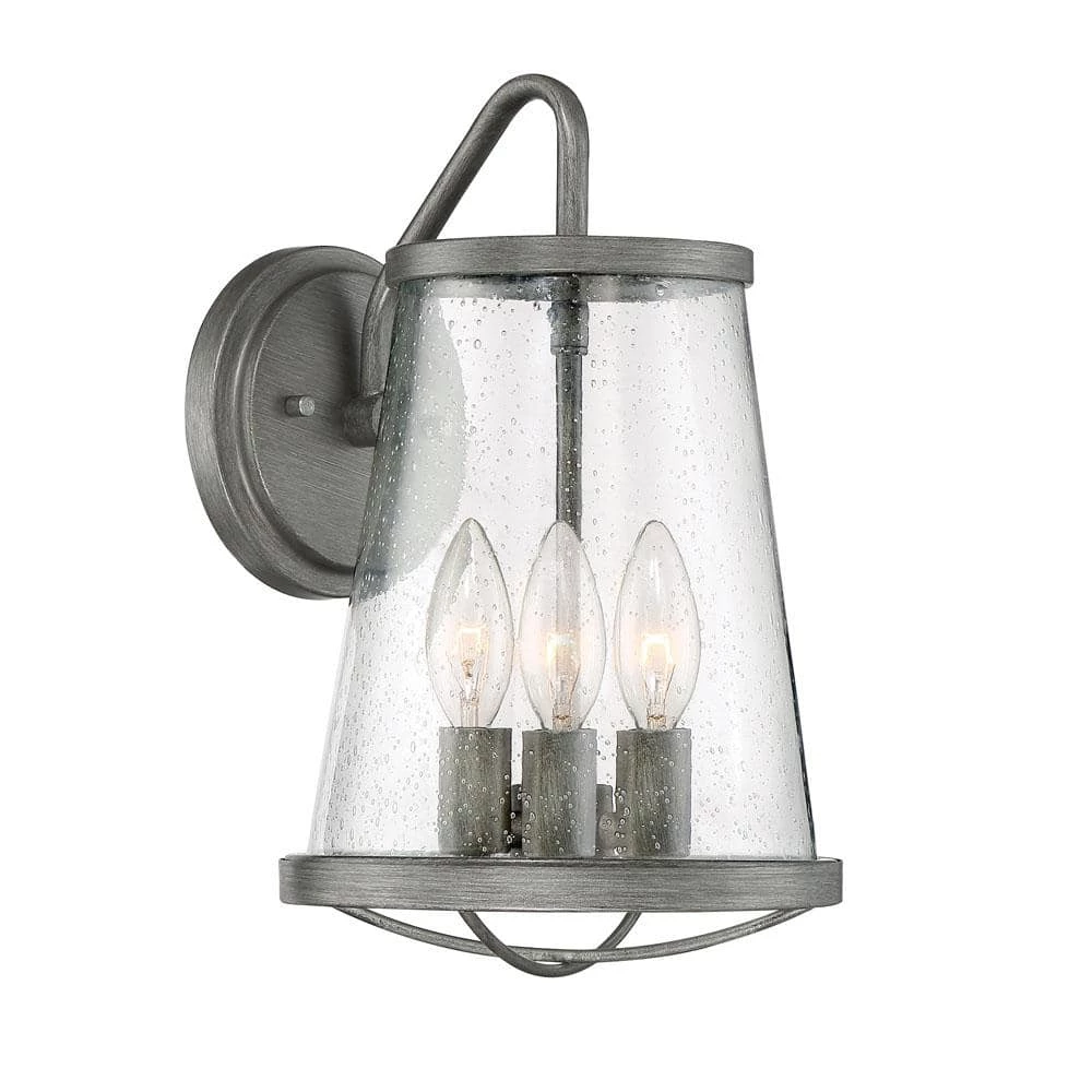 Darby 12.75 in. 3-Light Weathered Iron Industrial Outdoor Wall Sconce with Clear Seedy Glass Shade by Designers Fountain 3 Darby 12.75 in. 3-Light Weathered Iron Industrial Outdoor Wall Sconce with Clear Seedy Glass Shade by Designers Fountain