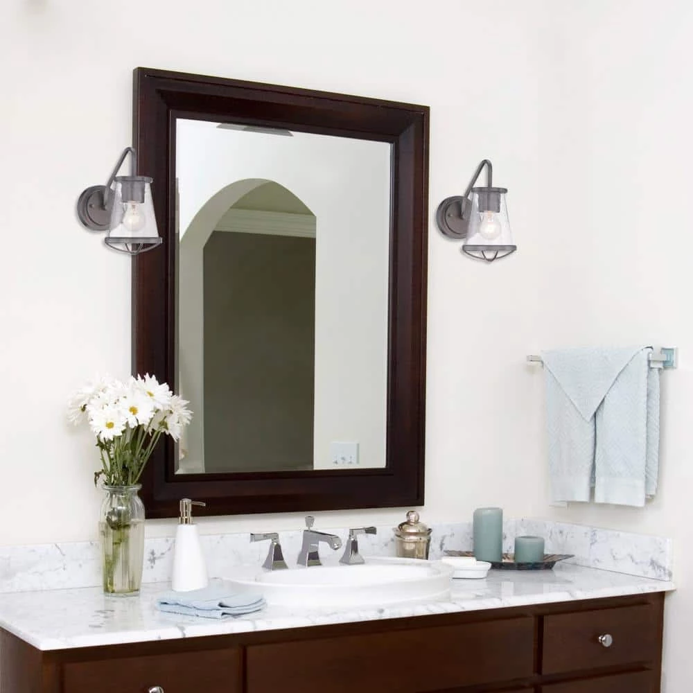 Darby 5.75 in. 1-Light Weathered Iron Industrial Wall Mount Sconce Light with Clear Seeded Glass Shade by Designers Fountain 4 Darby 5.75 in. 1-Light Weathered Iron Industrial Wall Mount Sconce Light with Clear Seeded Glass Shade by Designers Fountain - Image 2