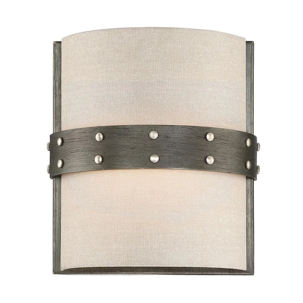 7.75 in. Garrett 1-Light Weathered Iron Rustic Wall Mount Sconce Light with Beige Fabric Shade by Designers Fountain 3 7.75 in. Garrett 1-Light Weathered Iron Rustic Wall Mount Sconce Light with Beige Fabric Shade by Designers Fountain